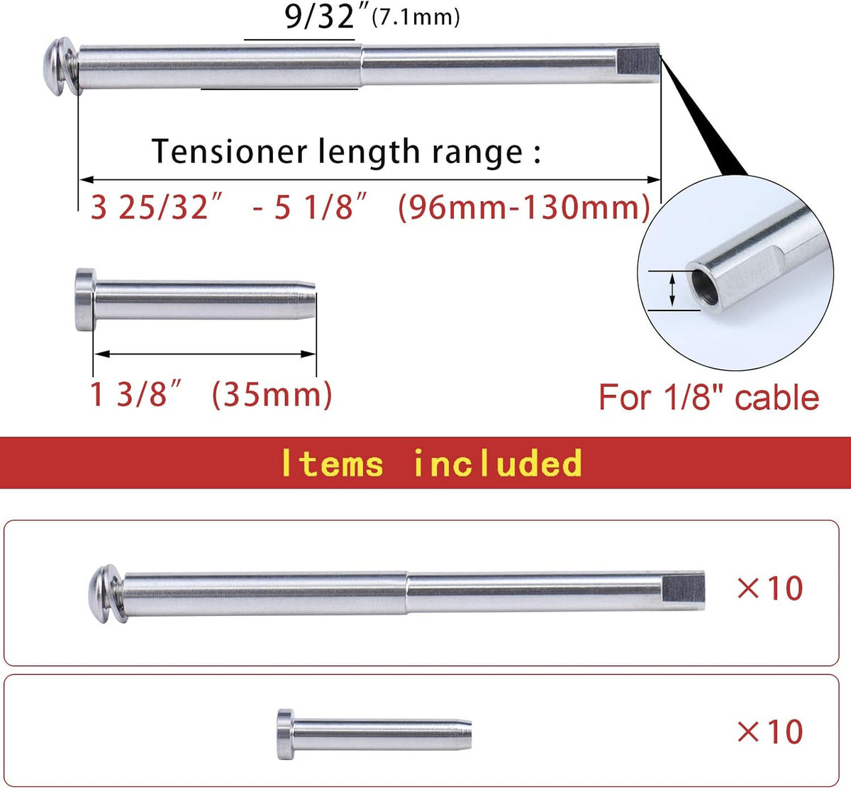 1/8 Cable Railing Kit Tensioner Fitting Swage Threaded Stud and Stemball Swage Combination Pack Q77012
