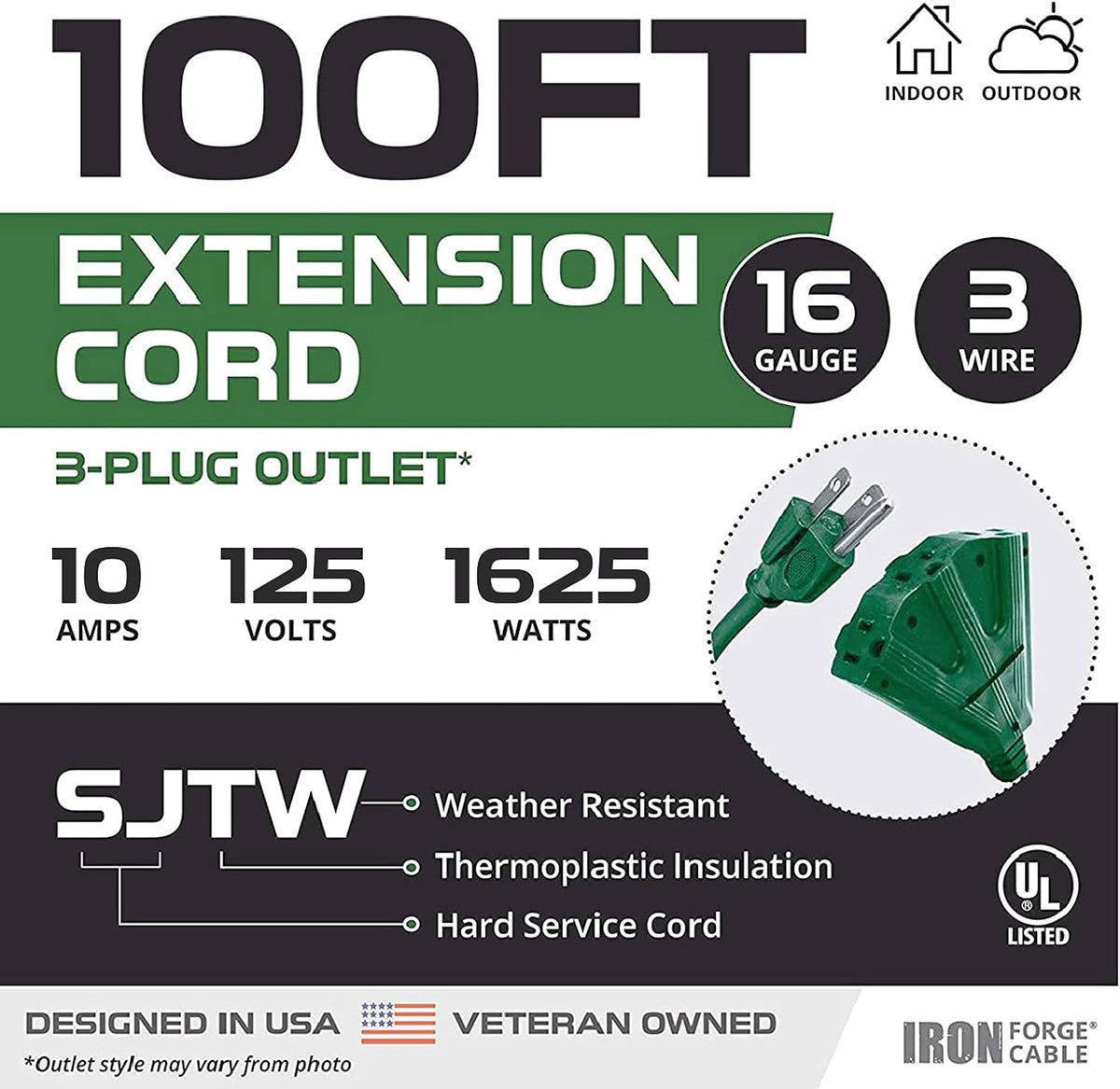 100 Ft Outdoor Extension Cord with 3 Outlets S1876