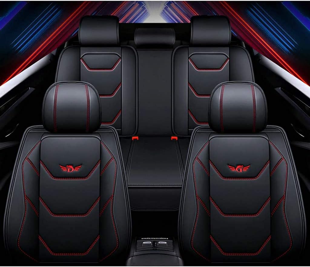 Universal Leather Car Seat Covers, 5 Seat Full Set, Black Red B3278