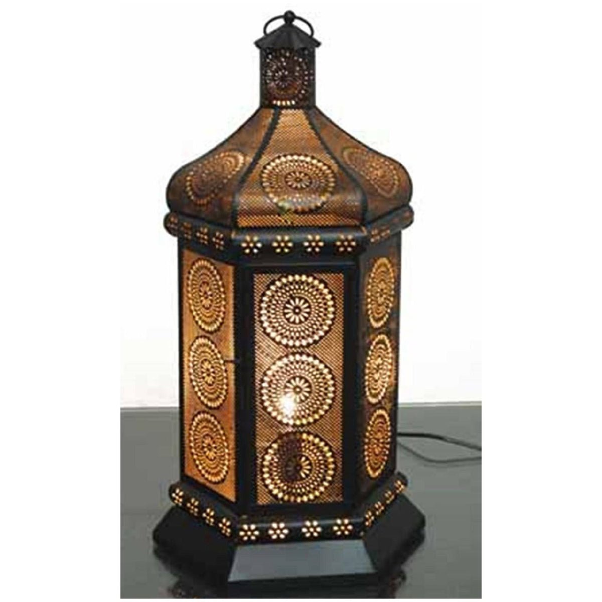 Black and Gold Moroccan Style Floral Cut-Out Table Lantern Lamp C77421