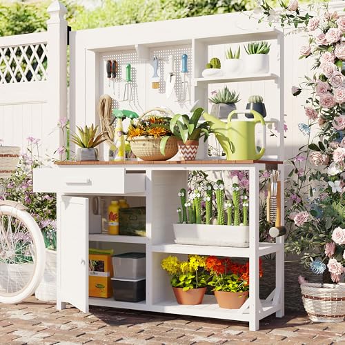 Brown Wooden Potting Bench Table with Hutch U653121