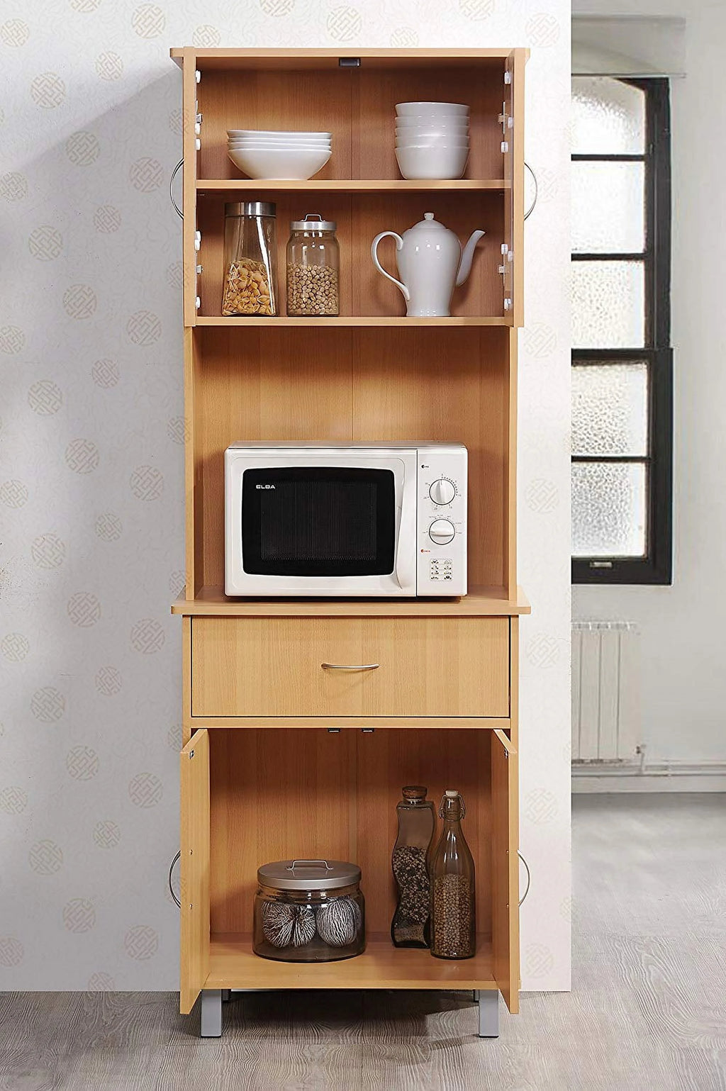 Beige Wood 4-Door 1-Drawer Kitchen China Cabinet I503