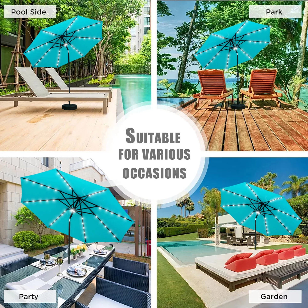 10 ft Solar Patio Umbrella with 40 LED Lights, Steel Tilt Crank, Blue X980833
