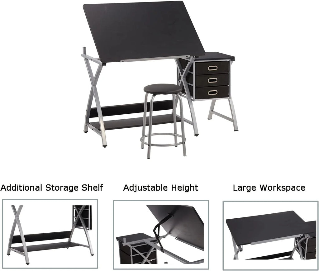 Adjustable Drafting Table with Stool and Storage Drawers, Black Z654006