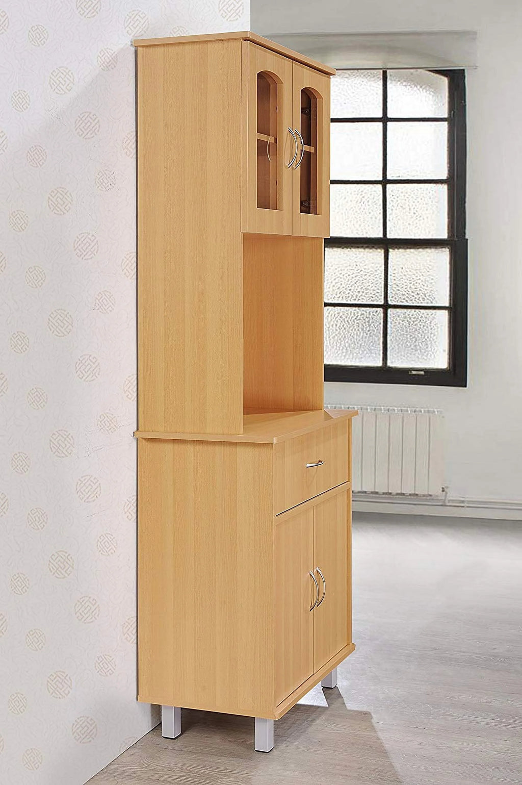 Beige Wood 4-Door 1-Drawer Kitchen China Cabinet I503