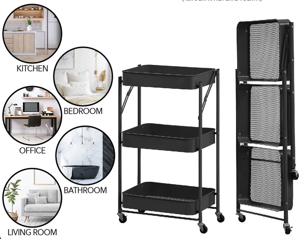 3 Tier Rolling Utility Storage Cart with Wheels, Black P715