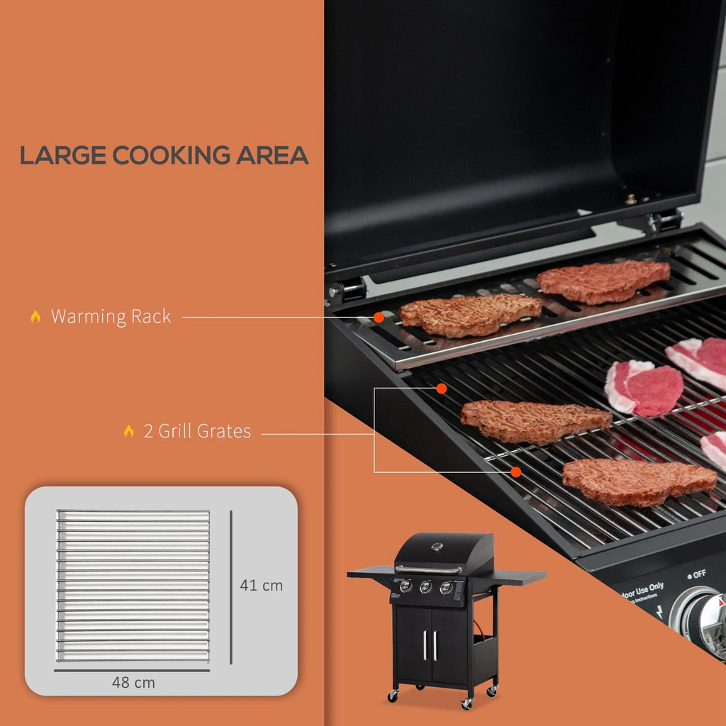 3 Burner Gas Grill with Wheels, Storage Shelves, Thermometer, Black F7234