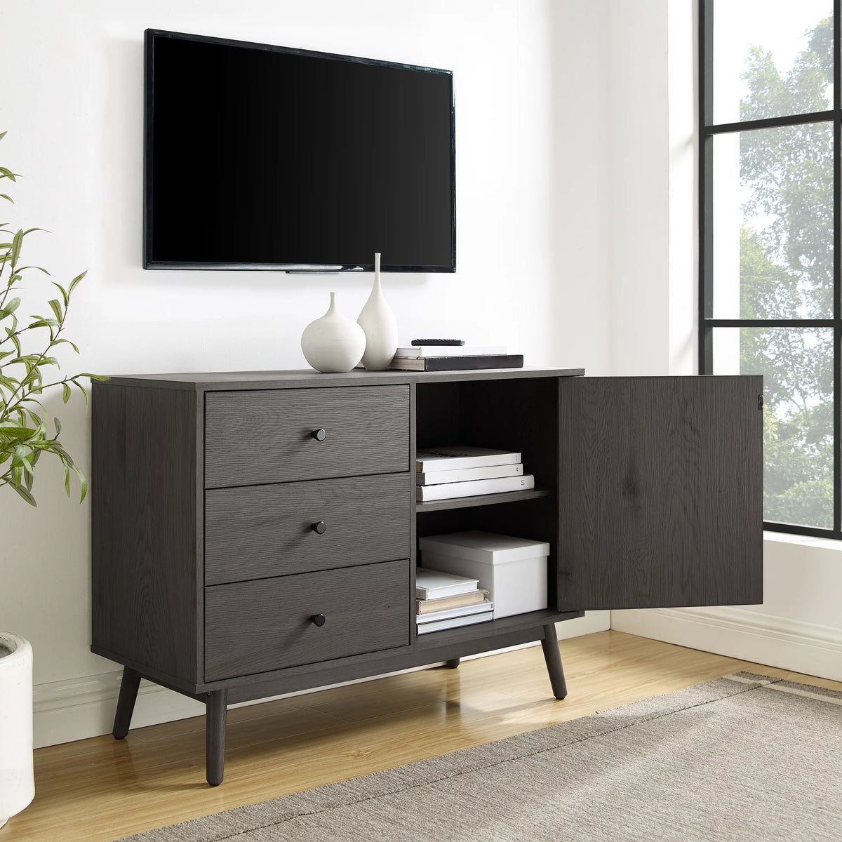 Gray 3 Drawer Engineered Wood Media Console Table T769