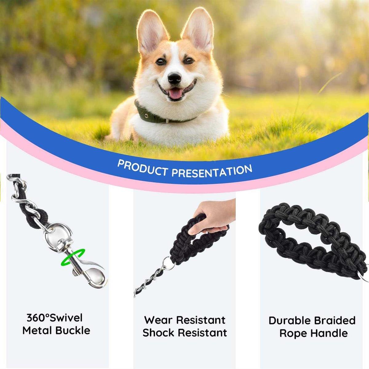 Chew Proof 5.5ft Heavy Duty Dog Leash Metal Chain Lead with Soft Rope Handle I2767