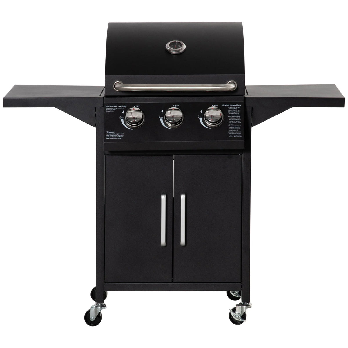3 Burner Gas Grill with Wheels, Storage Shelves, Thermometer, Black F7234