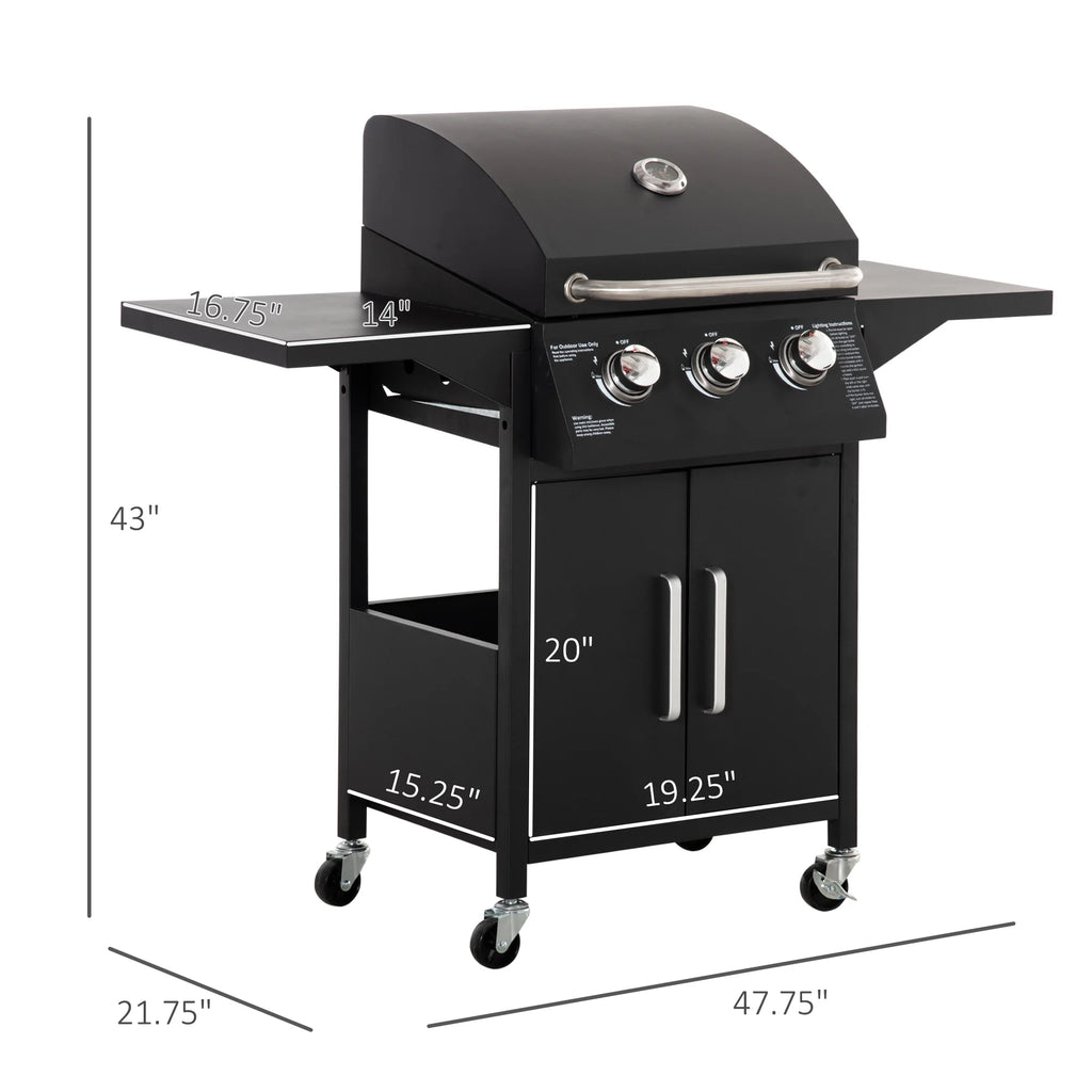 3 Burner Gas Grill with Wheels, Storage Shelves, Thermometer, Black F7234