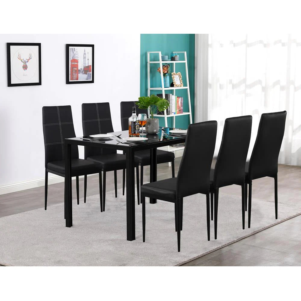 7 Piece Glass Metal Dining Set with 6 Chairs V762