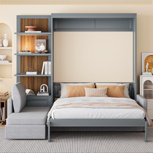 Queen Size Wooden Murphy Bed with Shelves and L-Shape Sofa Q6699