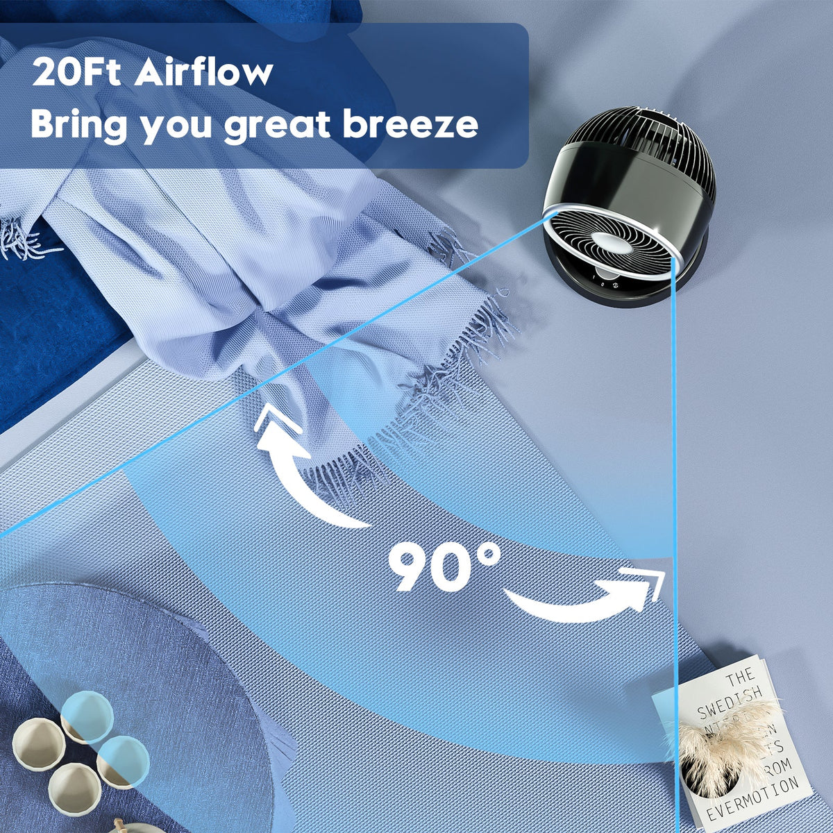Portable Table Fan with 90° Auto-oscillation, 6 Tilting Head Settings, 3 Speeds Z977