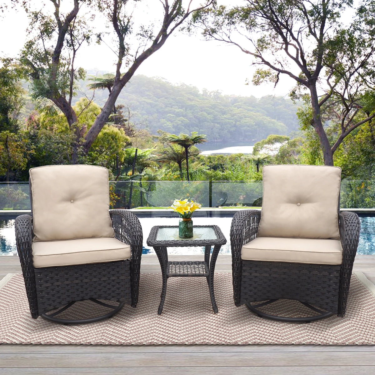 Khaki Wicker Swivel Rocker Chairs with Table C11451