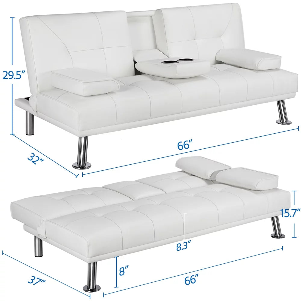 White Faux Leather Futon with Cupholders and Pillows B969
