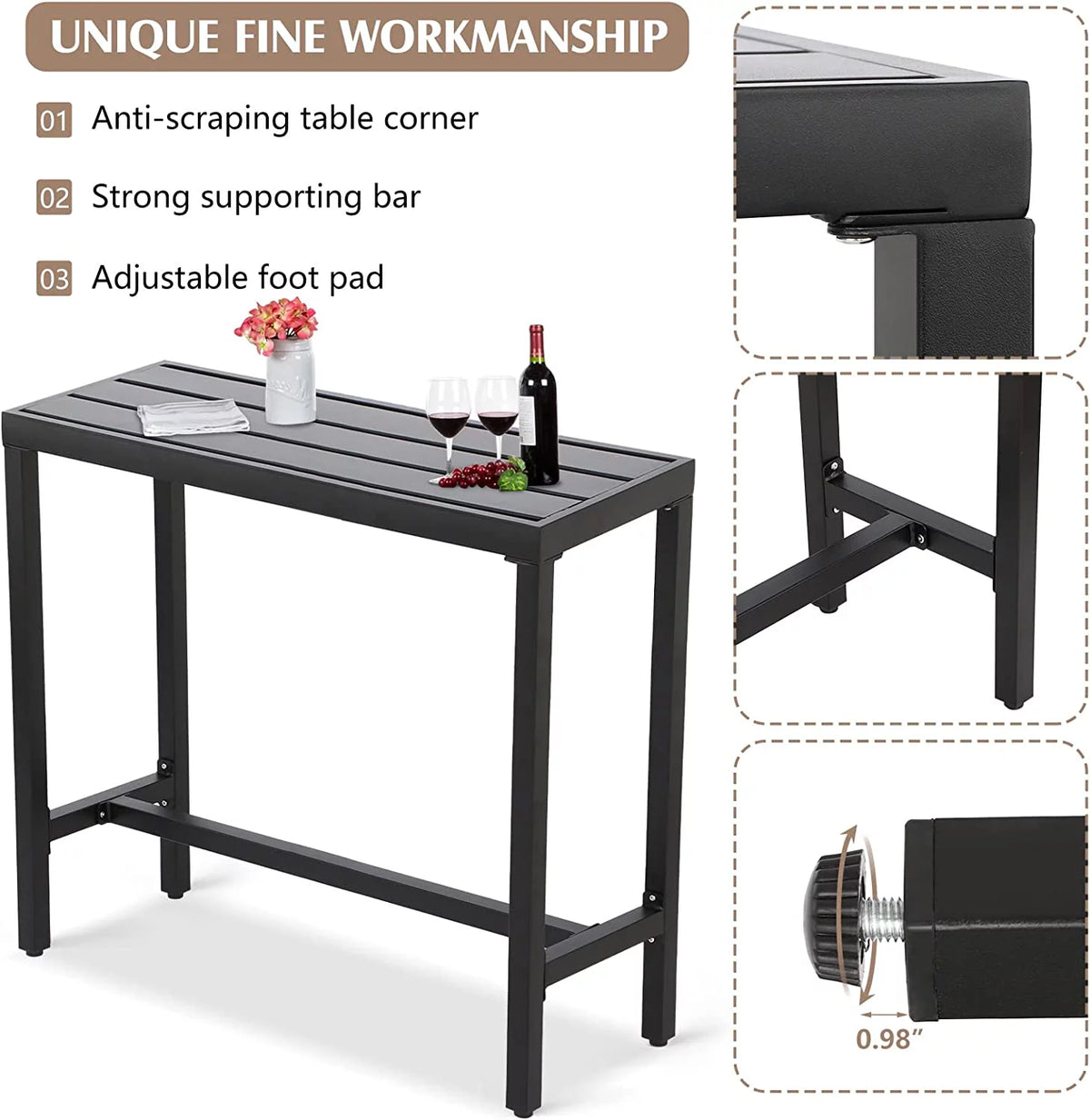 Black 40" Rectangle Outdoor Iron Bar Table X772
