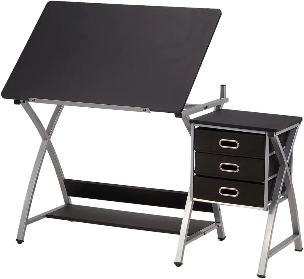 Adjustable Drafting Table with Stool and Storage Drawers, Black Z654006