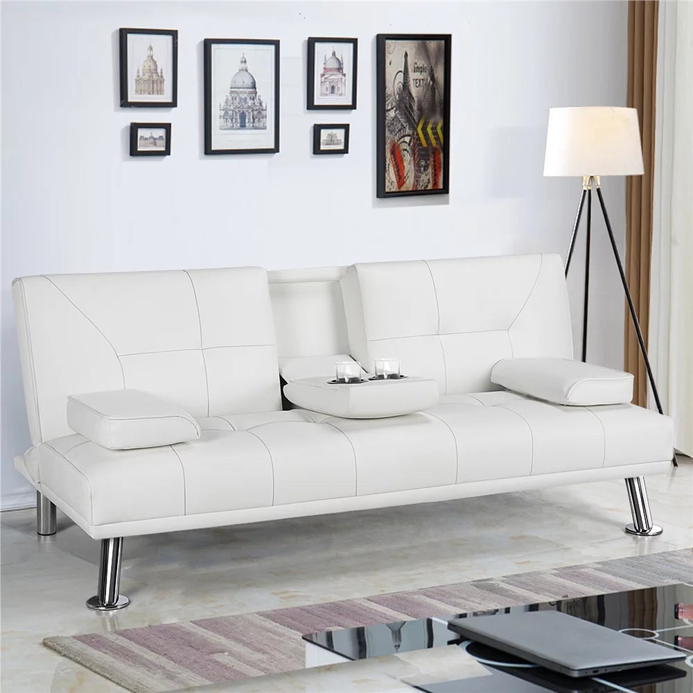 White Faux Leather Futon with Cupholders and Pillows B969