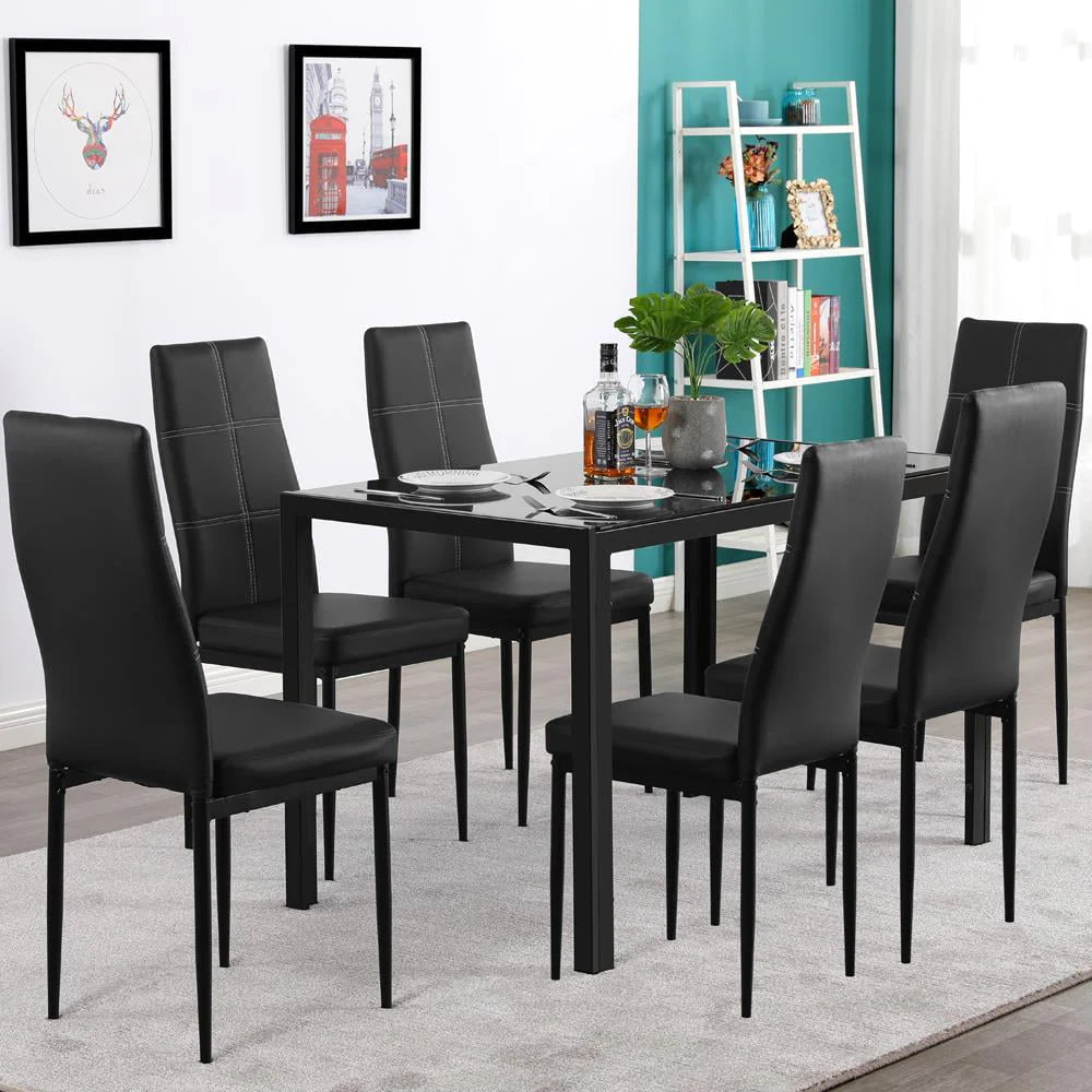 7 Piece Glass Metal Dining Set with 6 Chairs V762