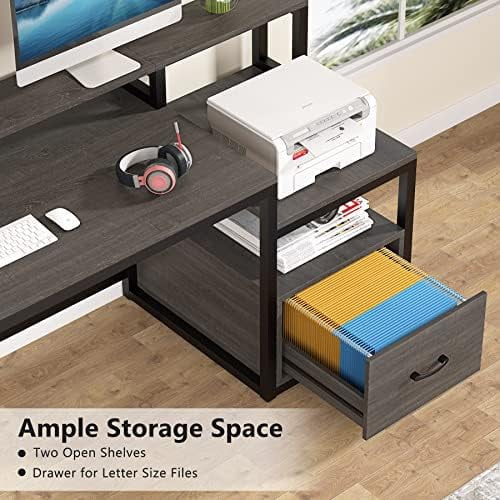 60 inch Grey Computer Desk with File Drawer and Shelves O38875