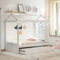 Twin Size White Wooden House Bed with Trundle and Roof B7132