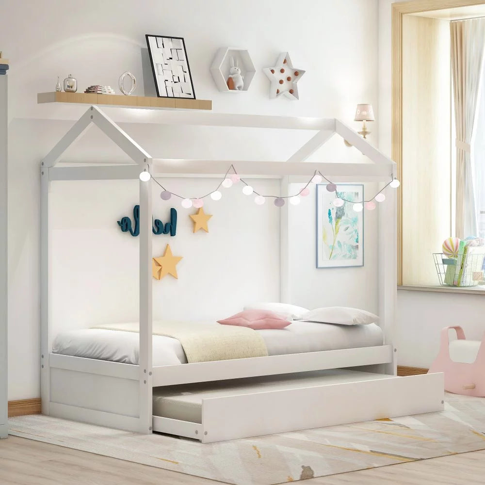 Twin Size White Wooden House Bed with Trundle and Roof B7132
