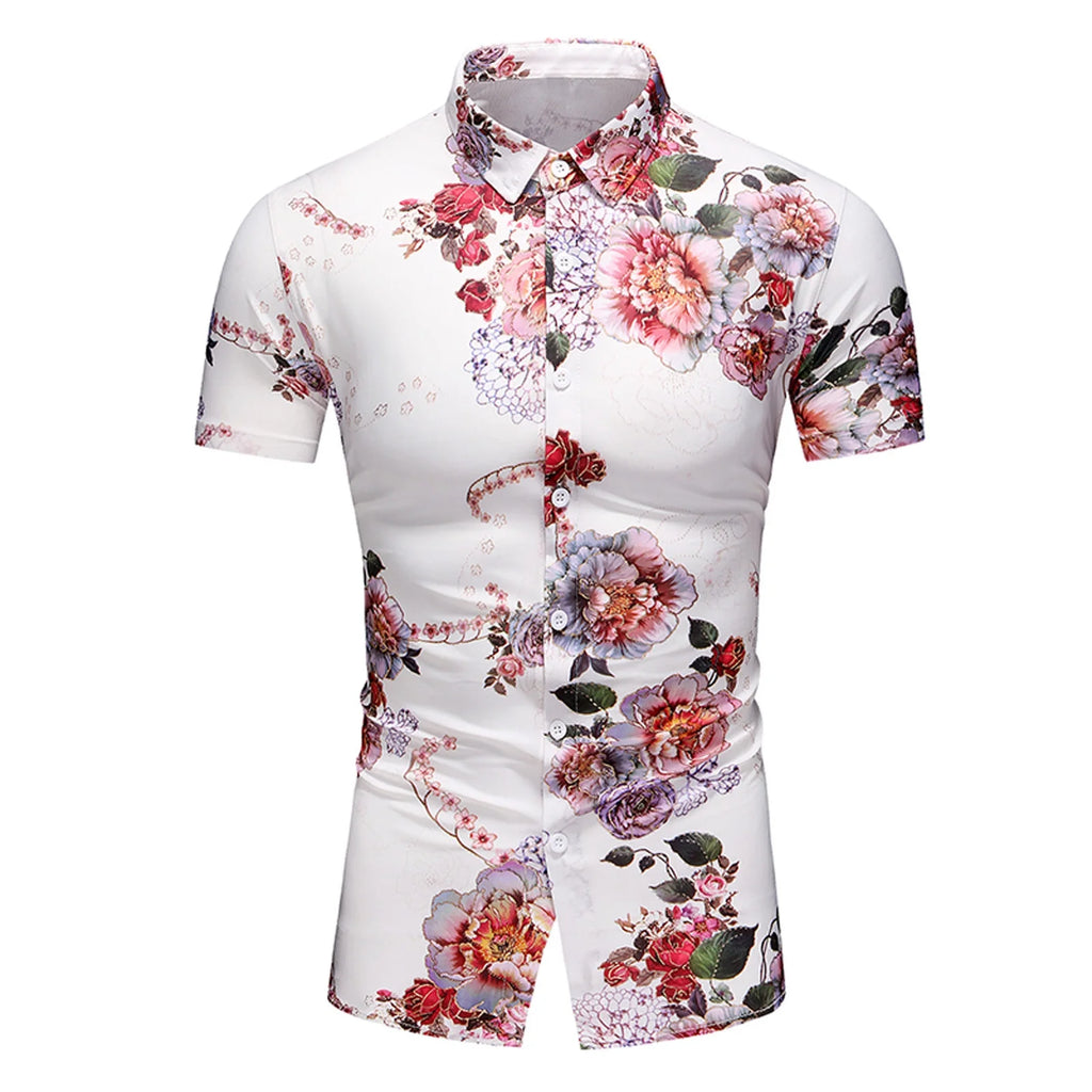 Men Short Sleeve Flower Print Button Down Shirt C8877