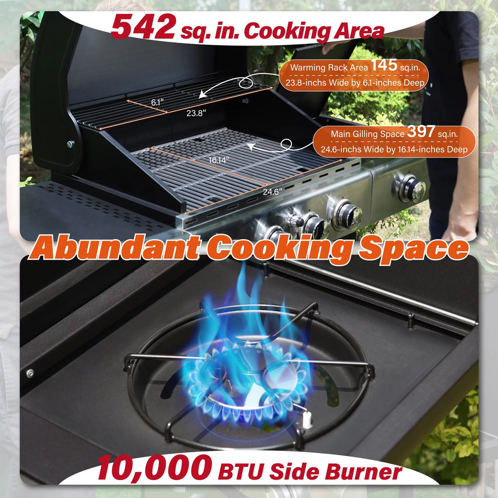 Stainless Steel Portable 4-Burner Propane Gas Grill with Side Burner E818