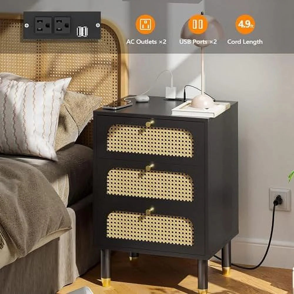 Black Rattan Nightstand Set of 2 with Charging Station 3 Drawers K442