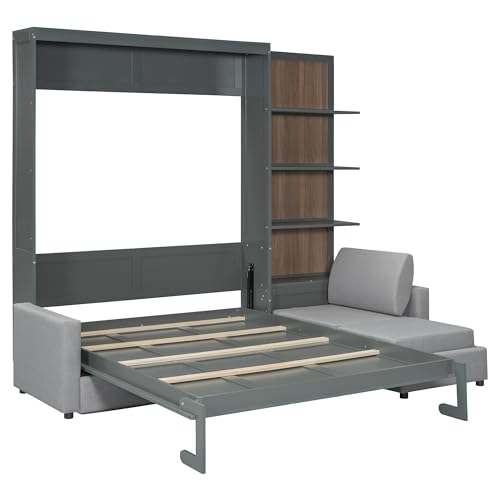 Queen Size Wooden Murphy Bed with Shelves and L-Shape Sofa Q6699