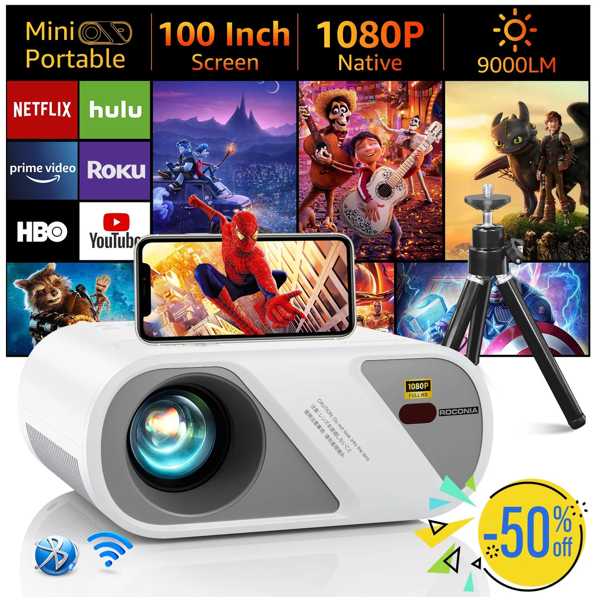5G Wifi Mini Projector with 100 Projector Screen, Full HD 1080P, Black I395