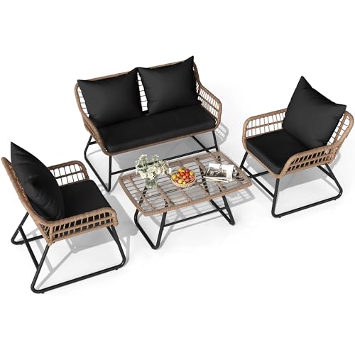 4 Piece Wicker Patio Furniture Set with Cushions and Glass Side Table R14386