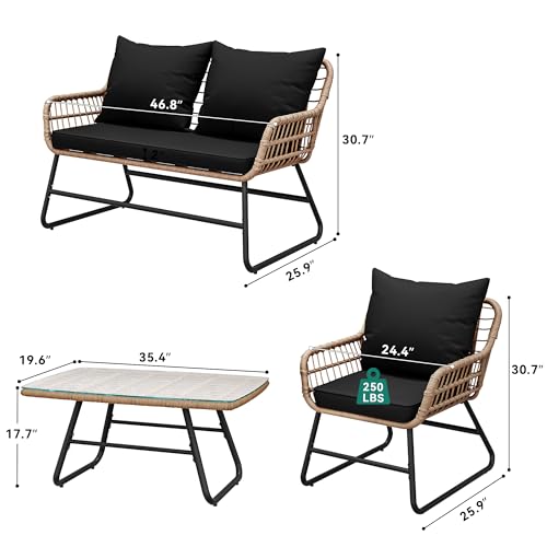 4 Piece Wicker Patio Furniture Set with Cushions and Glass Side Table R14386