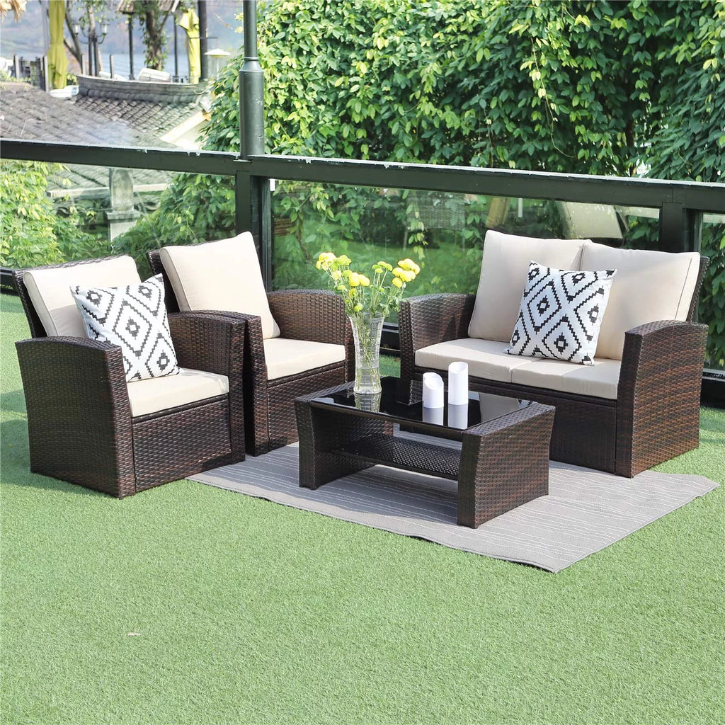 4 Pcs Brown Wicker Rattan Patio Furniture Set with Coffee Table B880917