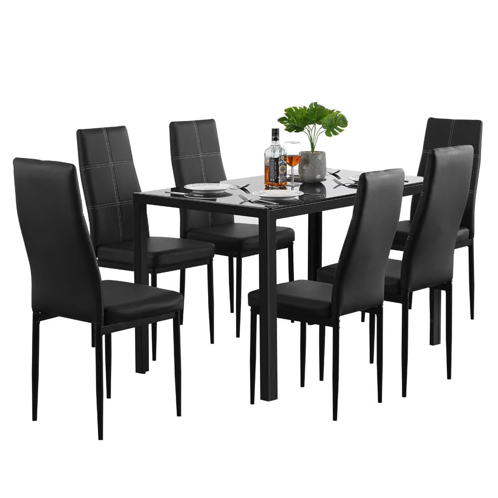 7 Piece Glass Metal Dining Set with 6 Chairs V762