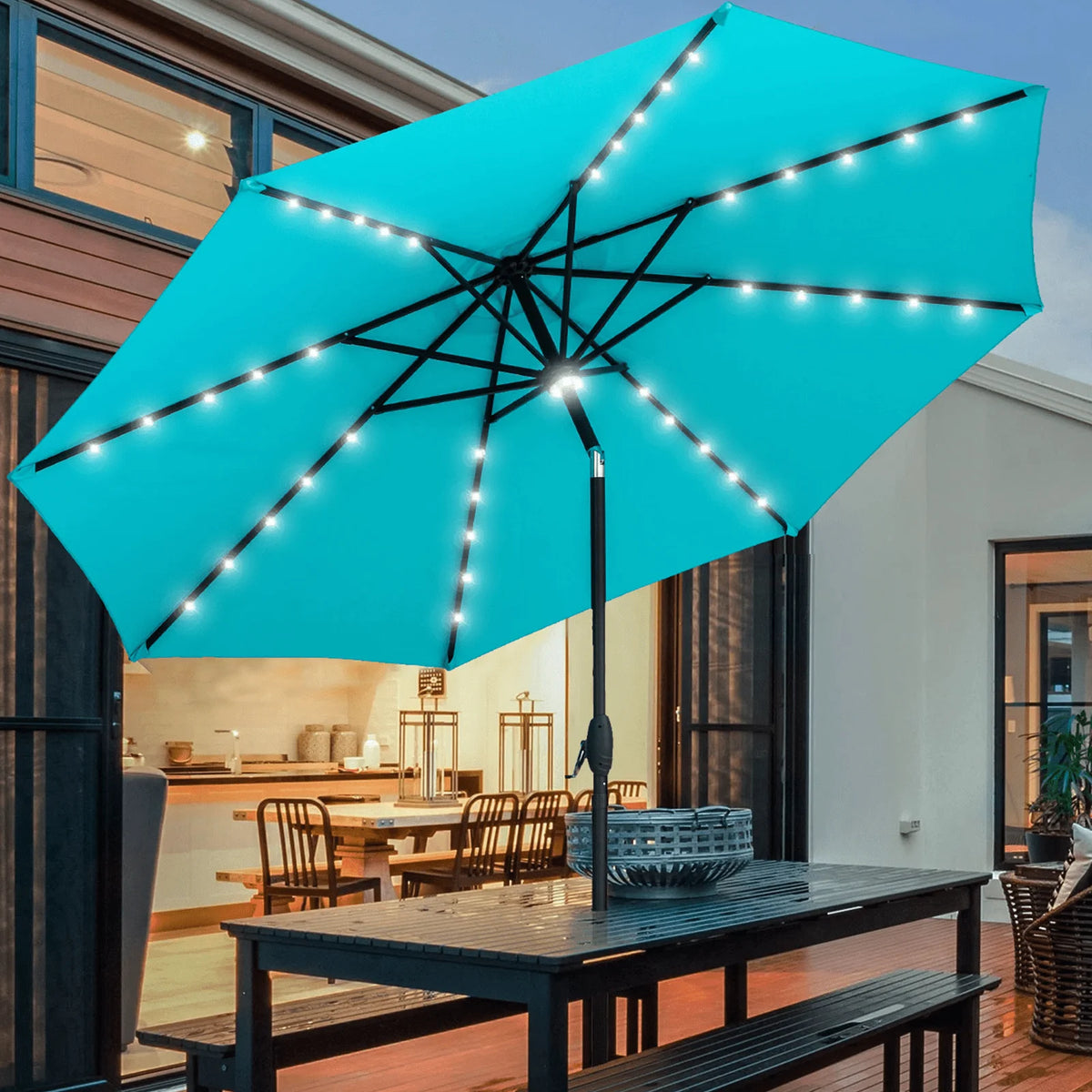 10 ft Solar Patio Umbrella with 40 LED Lights, Steel Tilt Crank, Blue X980833