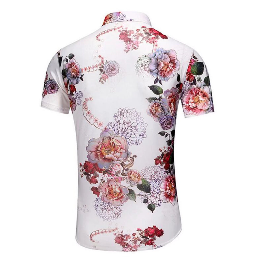 Men Short Sleeve Flower Print Button Down Shirt C8877