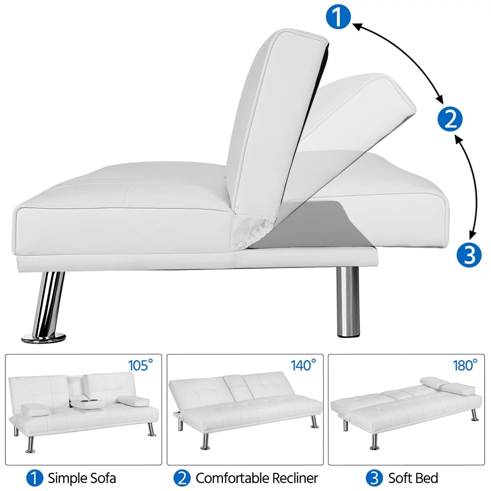 White Faux Leather Futon with Cupholders and Pillows B969