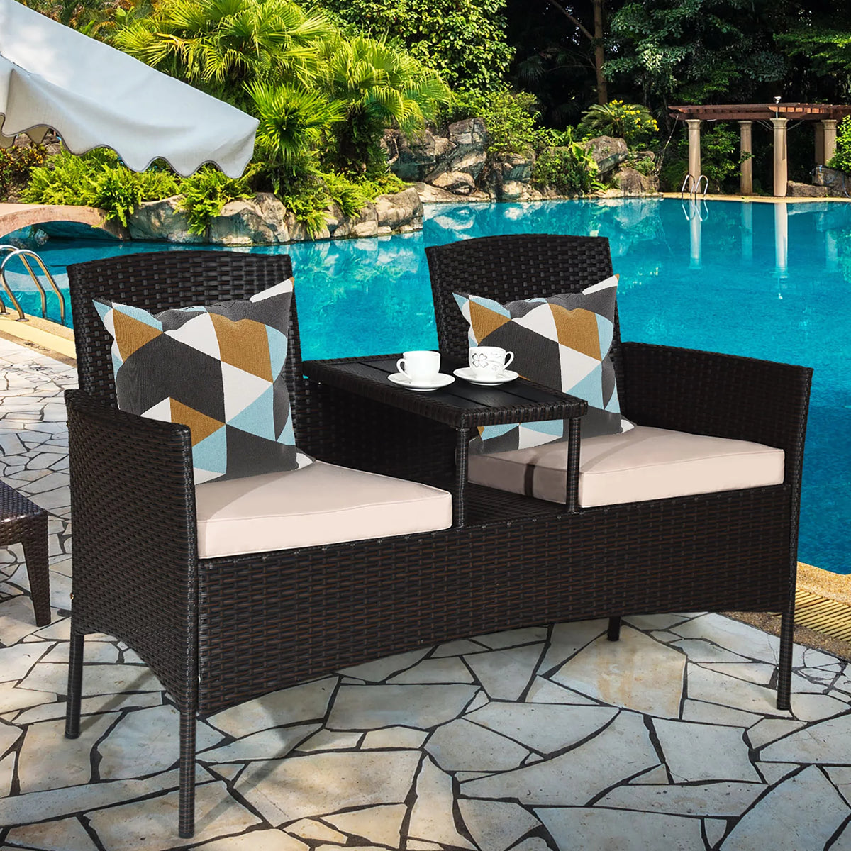Mix Brown Patio Conversation Set Loveseat Sofa Coffee Table Z1925