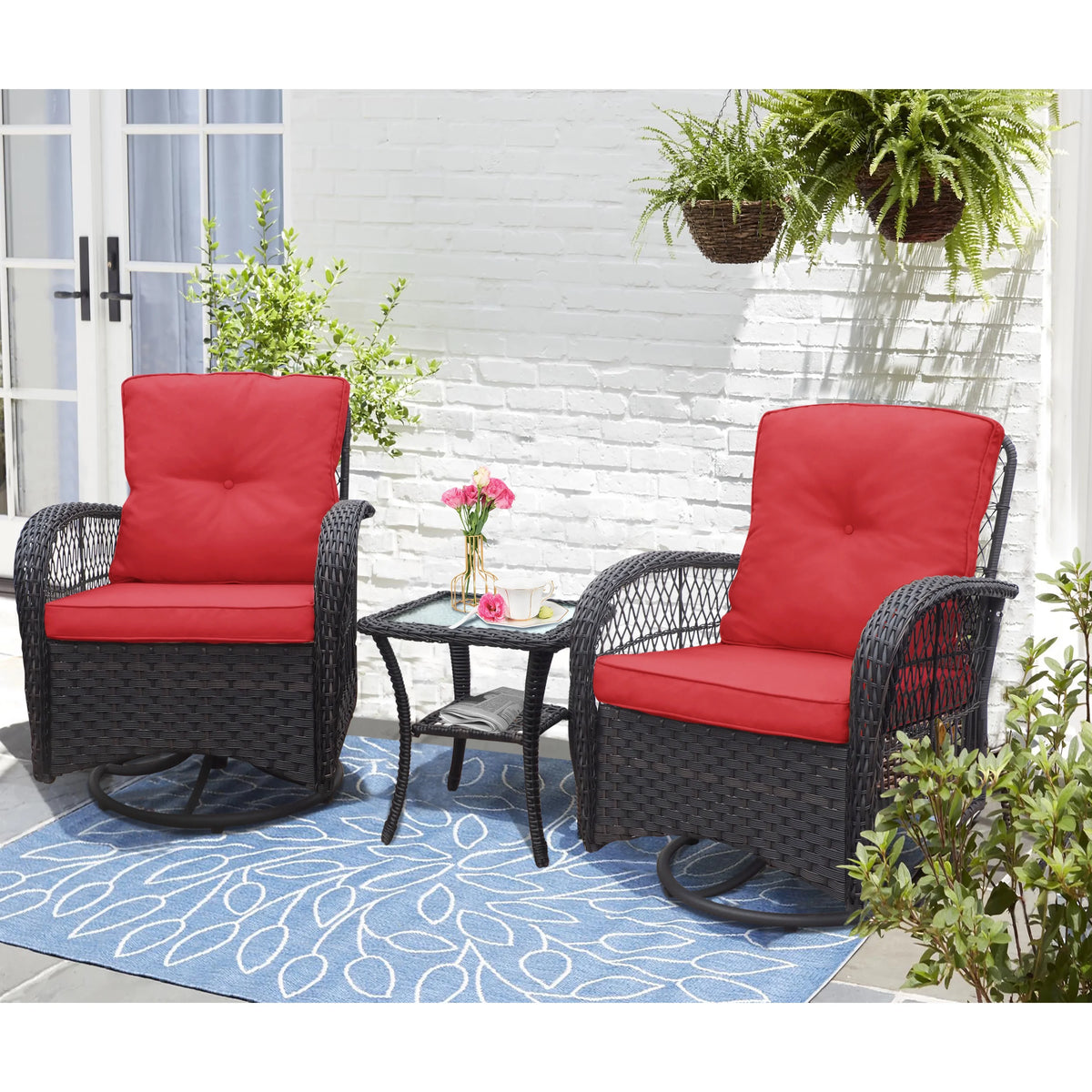 Khaki Wicker Swivel Rocker Chairs with Table C11451