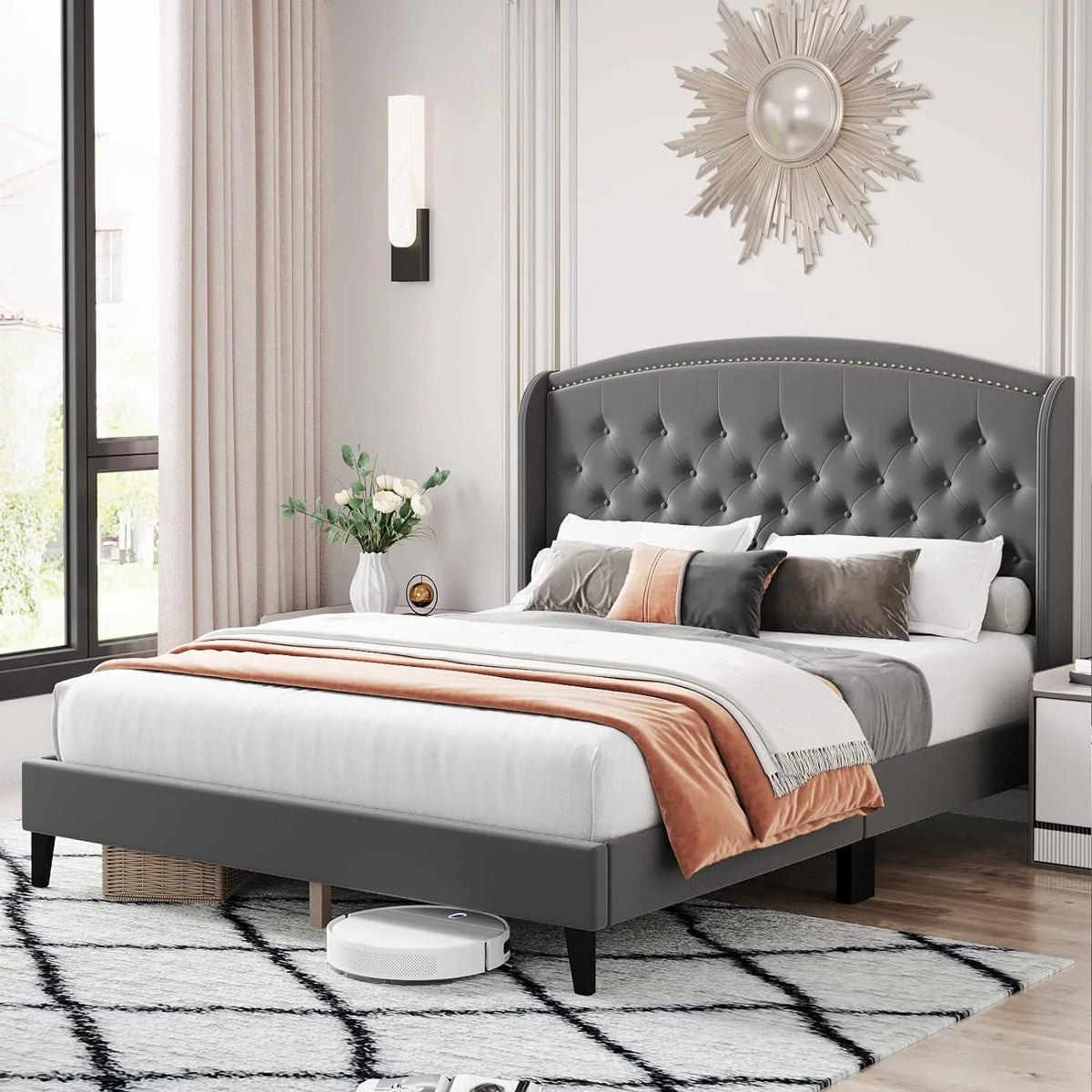 Full Size Beige Upholstered Platform Bed Frame with Wood Slats X134