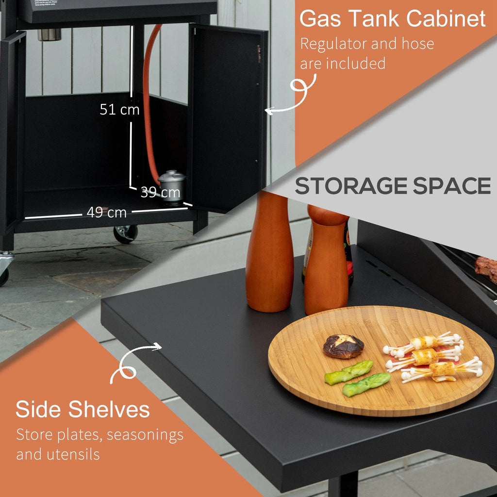 3 Burner Gas Grill with Wheels, Storage Shelves, Thermometer, Black F7234