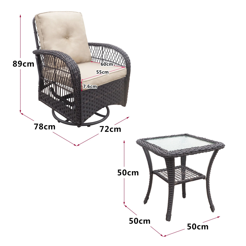 Khaki Wicker Swivel Rocker Chairs with Table C11451