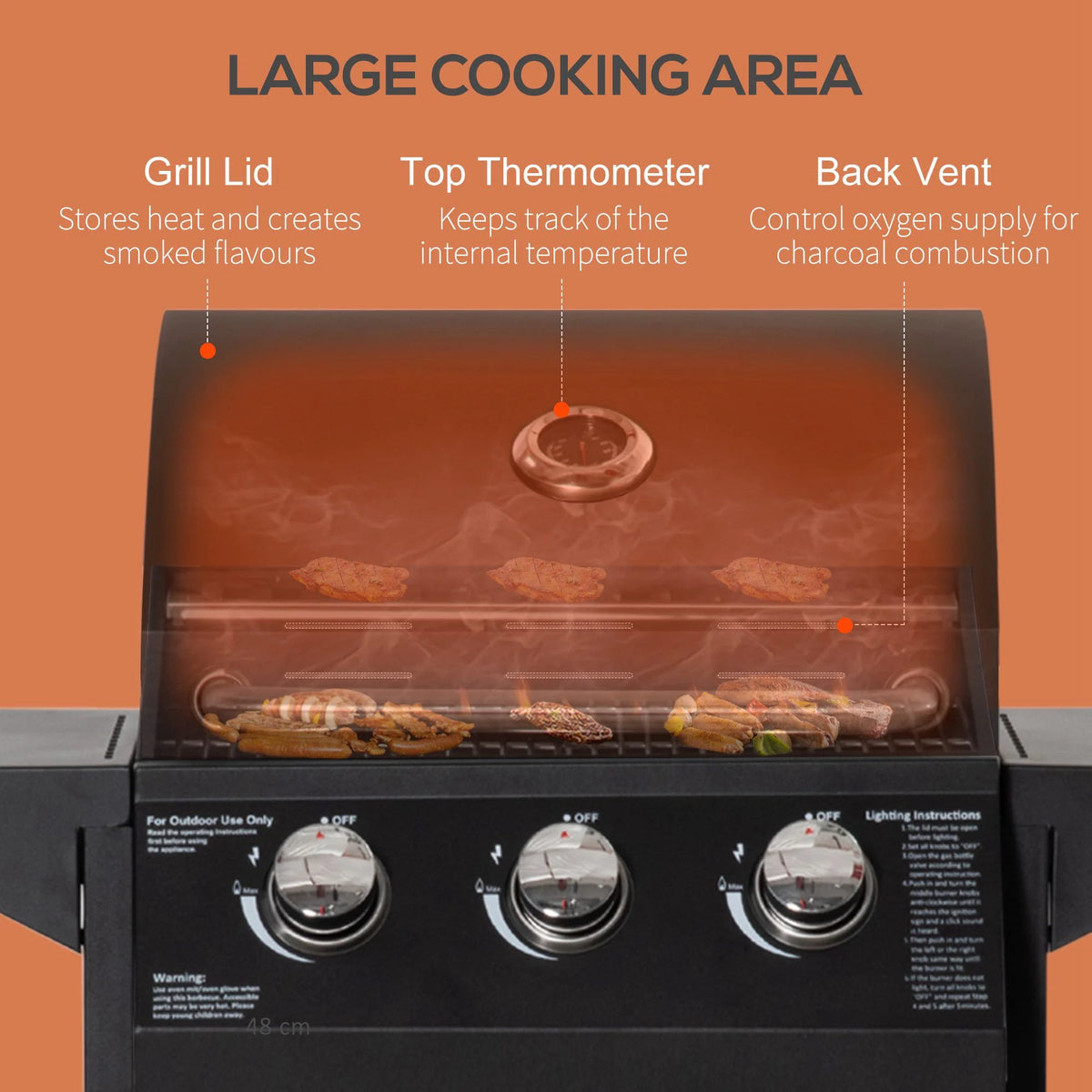 3 Burner Gas Grill with Wheels, Storage Shelves, Thermometer, Black F7234