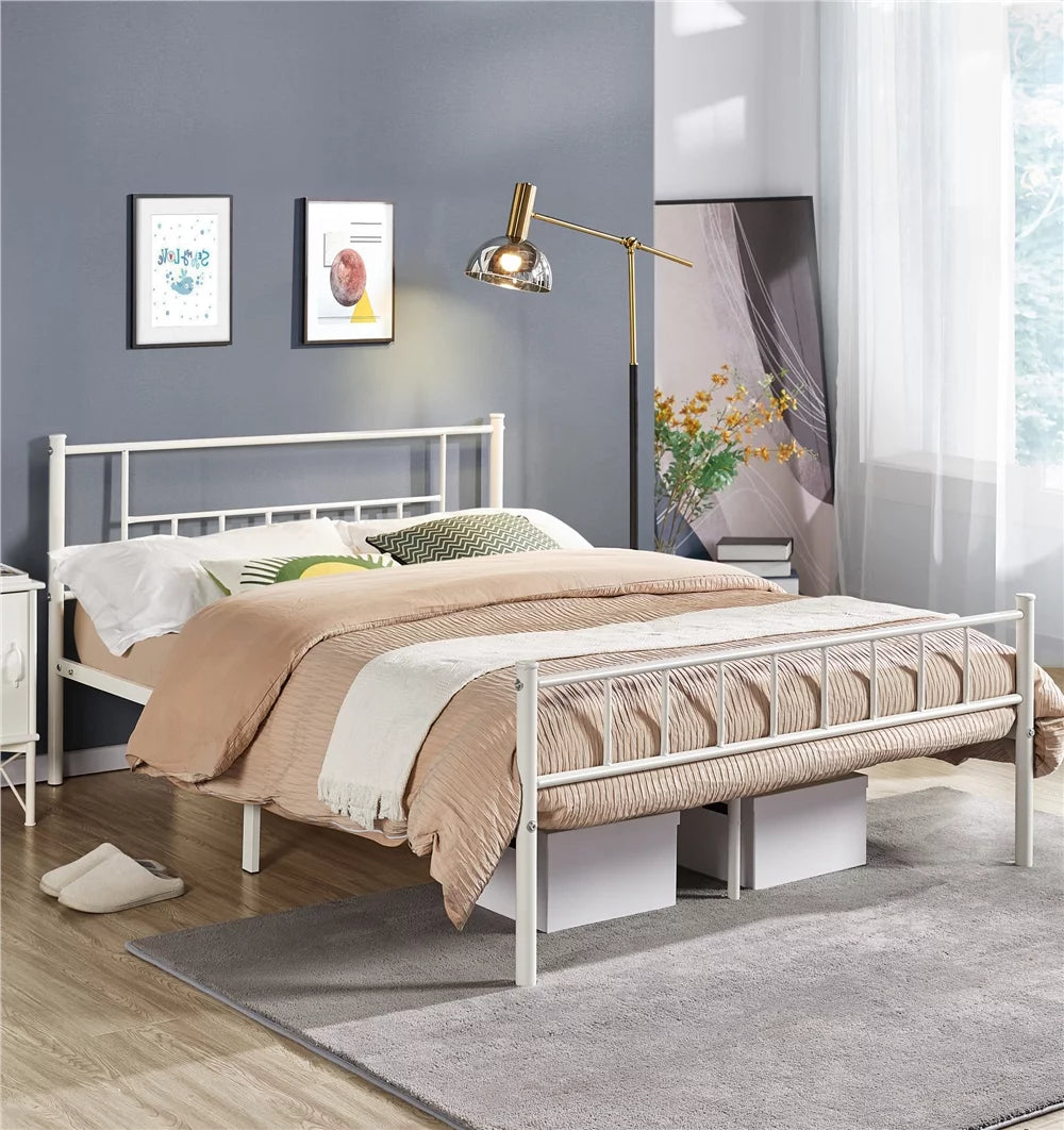 White Full Metal Platform Bed with Spindle Headboard and Footboard Y39836