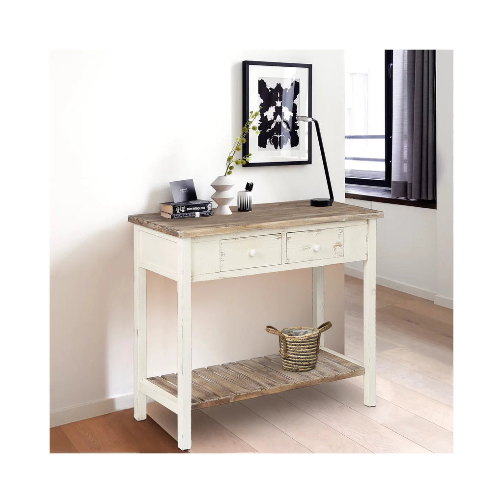 Distressed White and Wood 2-Drawer 1-Shelf Console Table B313881