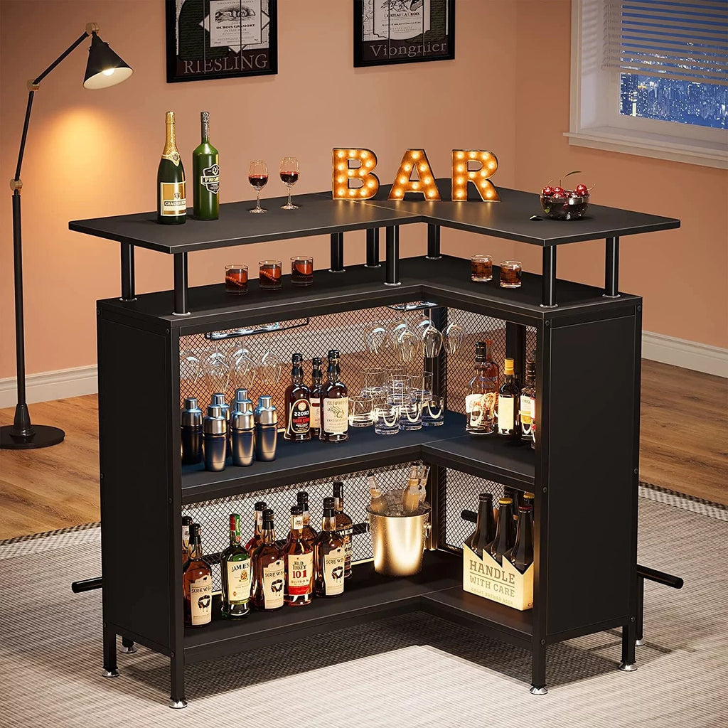 L-shape Black Home Bar Unit with 2-Tier Storage B6330